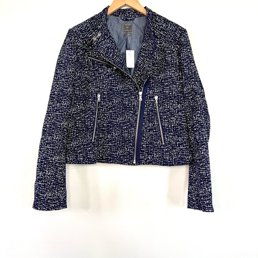NWT Gap Tweed Moto Navy Blue White Print Zipper Jacket